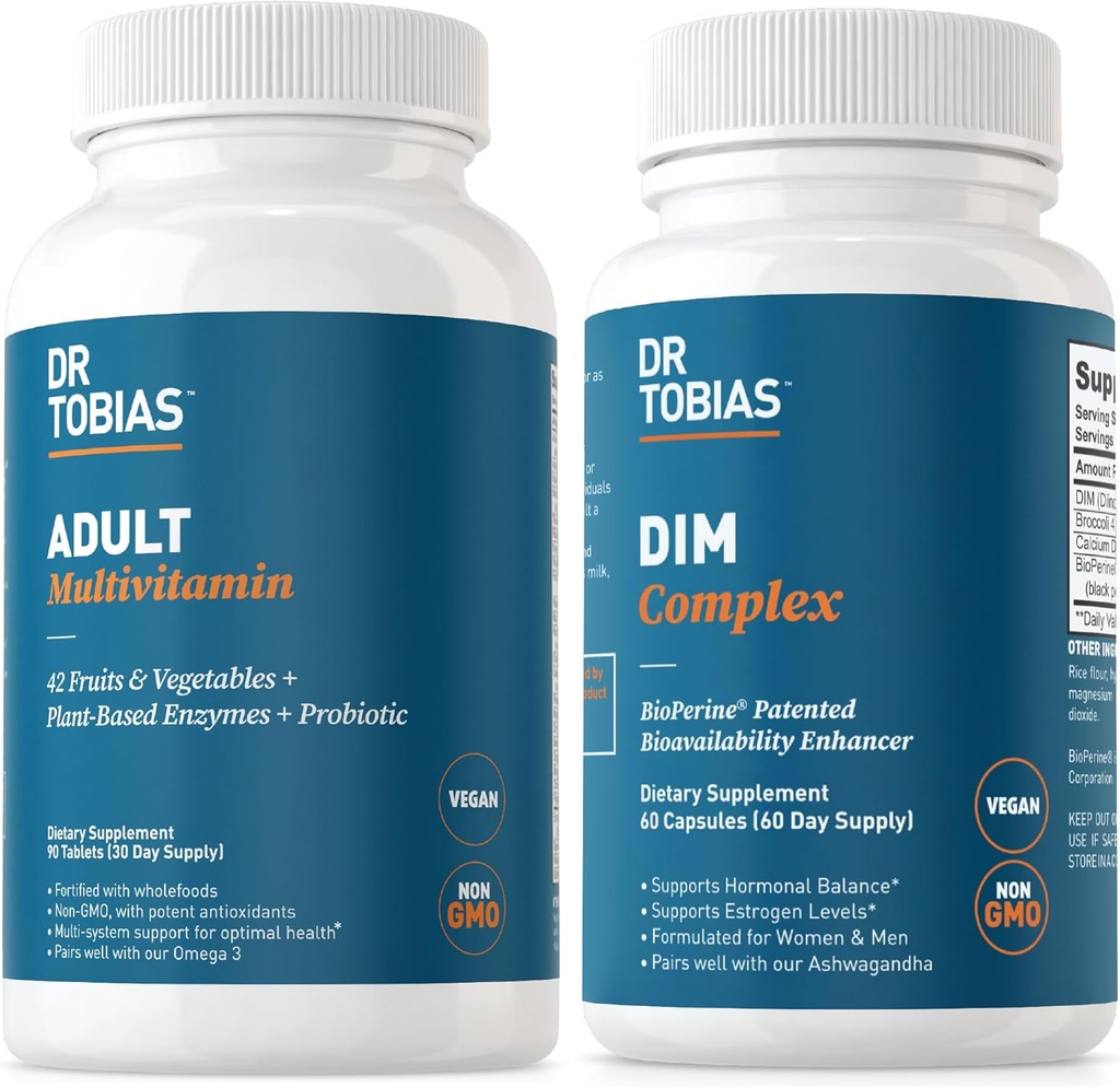 Dr. Tobias Adult Multivitamine & DIM Complex, ondersteunt Energie, Immuun en Hormonenbalans voor mannen & vrouwen met 42 Fruit & Groenten, BioPerine, Broccoli Extract & Calcium, Non-GMO