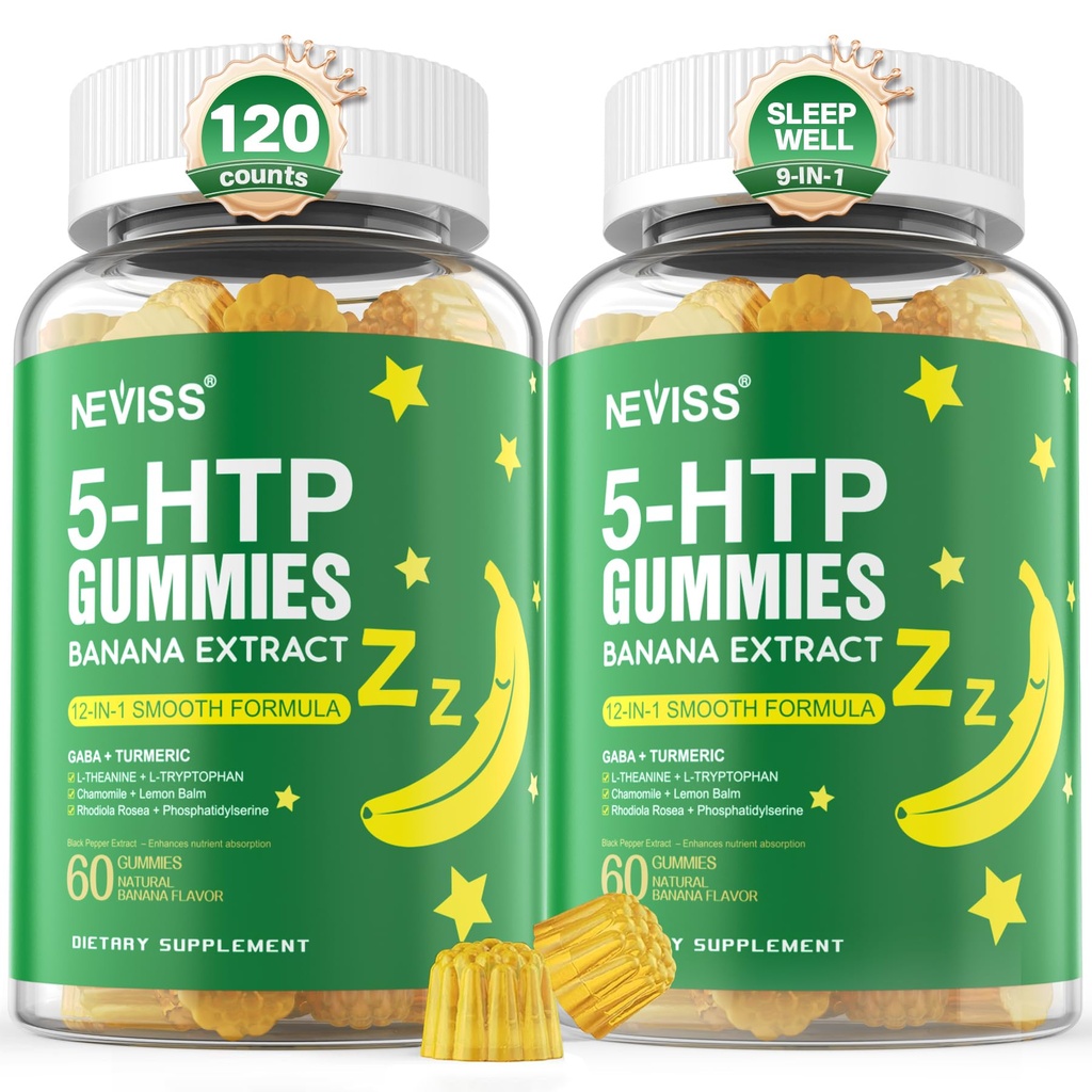 5-HTP Gummies + GABA - Melatoninevrij - Ontspannen Gummies met Banana Extract, L-Theanine, L-Tryptofaan, Vitamine D3 voor gezonde rustcyclus & Circadian Ritme, Hersenfunctie & Muscle Relax, Pack of 2