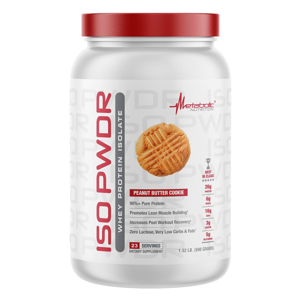 Nutrition métabolique Isolation des protéines de lactosérum ISO PWDR Beurre d'arachide, 1,54lb, 23 portions, 26g de protéines, digestion rapide, glucides zéro, goût délicieux, très faibles glucides et graisses, lactose zéro
