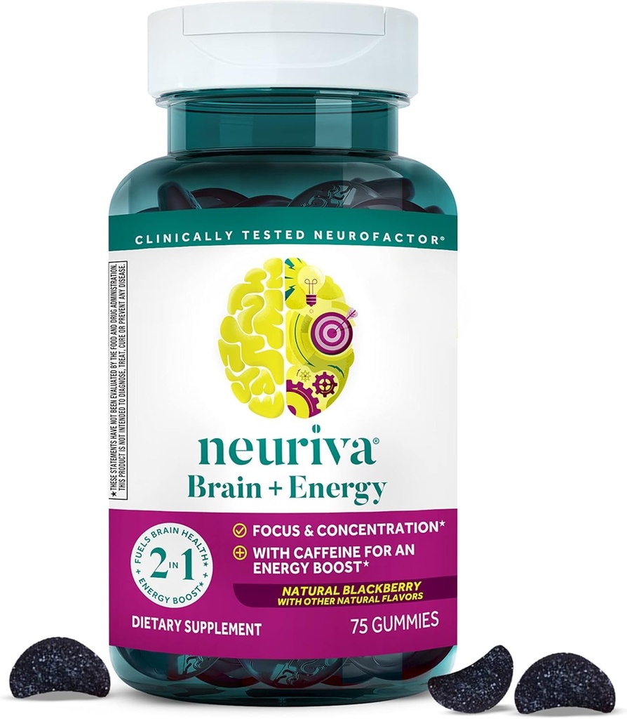 NEURIVA Brain + Energy Gummies, Nootropic Brain Supplements for Focus and Concentration with Neurofactor, Vitamin B12 & Cafeïne for an Energy Boost*, 75ct Natural BlackBerry