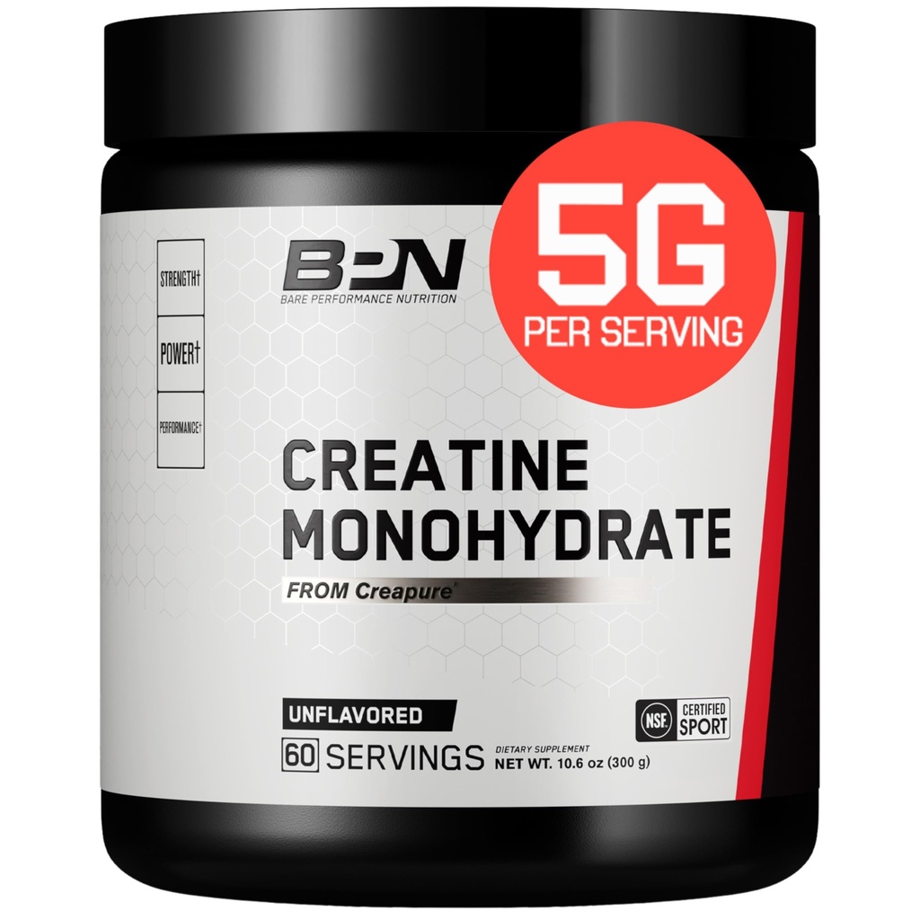 BARE PERFORMANCE NUTRITION, BPN Pure Creatine Monohydraat Powder by Creapure, 5g Creatine per Serving, Ondersteunt Spiergroei, Unflavored Creatine Powder, 60 Servers