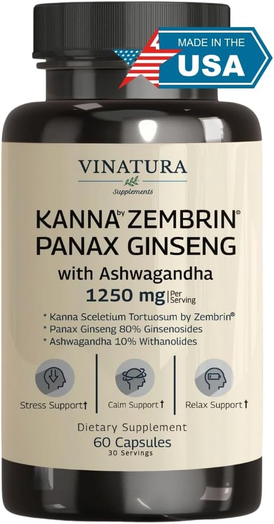 VINATURA Kanna Zembrin Sceletium Tortuosum - 50mg Kanna/Serviment, avec Ashwagandha, Ginseng *Brain Health, Stress Relief Support* Panax Ginseng 80% Ginsenosides Ashwagandha Capsules 10% Withanolides