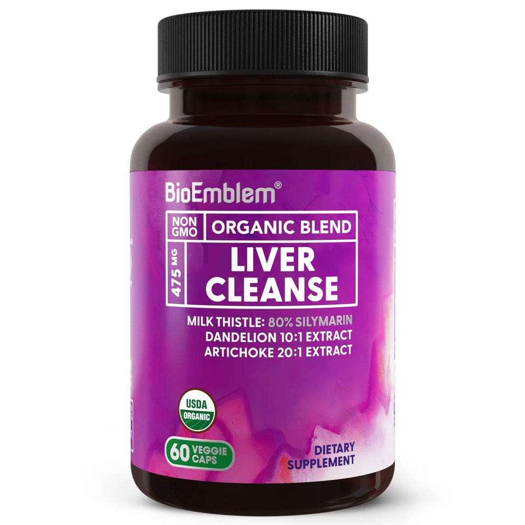 BioEmblem USDA Nettoyez le foie biologique - 80% Extrait de chardon de lait silymarin pour la santé du foie et la fonction du foie avec des extraits de dandelion et d'artichaut - 100% végétalien, non-OGM - Foie à base de plantes - 60 capsules
