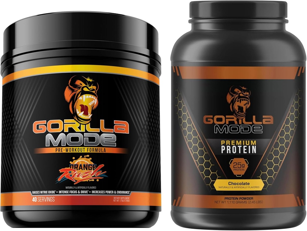 Gorilla Mind Pre Workout (Orange Rush) + Premium Wei Proteïne (Chocolate) - Uitgebreide Stack voor brandstof Maximum resultaten