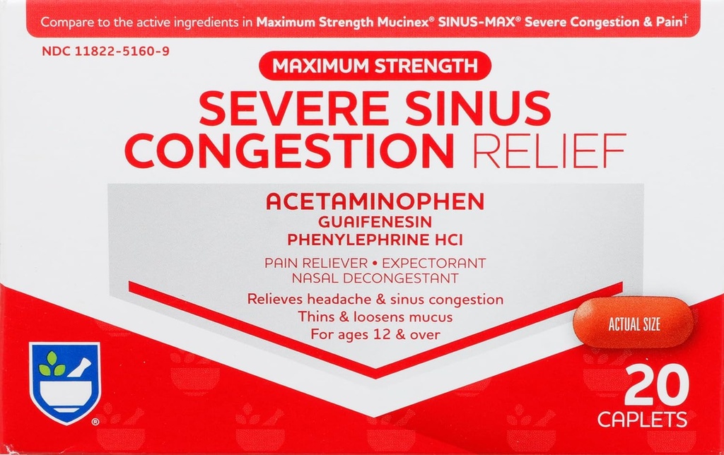 Rite Aid Ernstige Sinus Geneeskunde en Neus Decongestant, maximale sterkte - 20 Caplets 