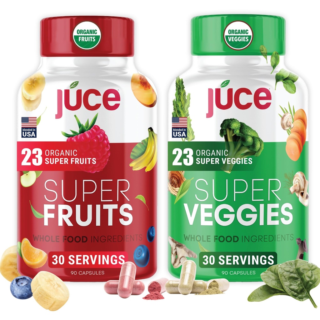 Formule originale de Juce - Supplément de Super Fruits et légumes bio - Sans gluten/gélatine, sans soja et sans végane- Rouges et Verts - 23 Fruits et 23 Légumes (180 Nombre)- Par Terra Kai Organics