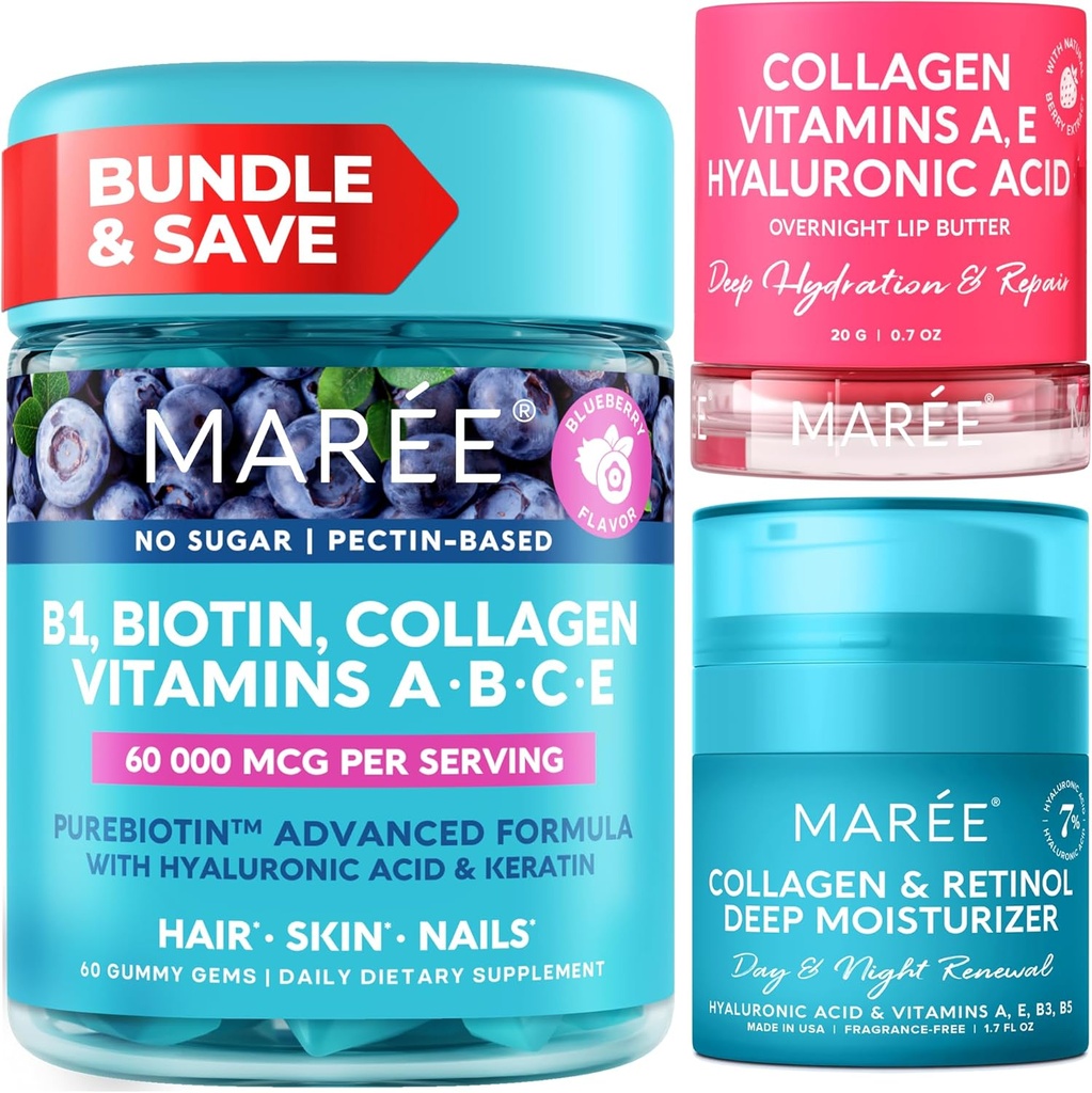 MAREE Bundle - Vitamine B1 Thiamine Gummies, Lipmasker, gezicht Moisturizer - A, E, D, C Vitamines - Collageen & Hyaluronzuur, Retinol- Complex voor de huid, Nagels, Haar - Masker voor droge lippen - Anti-Aging Cream