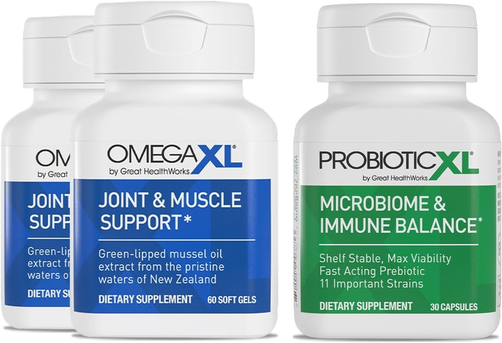 OmegaXL Krachtige gewrichts- en spierondersteuning Supplement 60 Count (2 Pack) & Probiotic XL - PreforPro, DE111, Plank Stable - bevorderen gezonde Gut Flora Groei (30 Veggie caps)