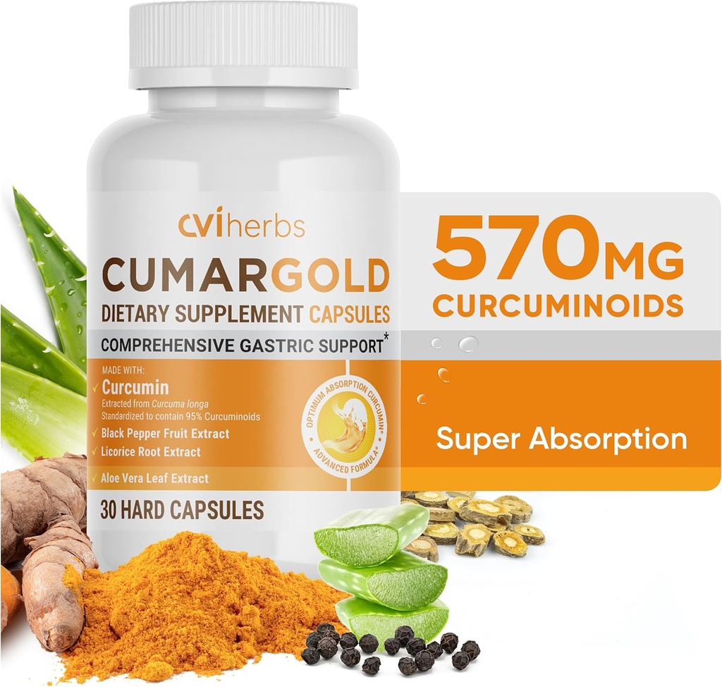 Cumargold 570mg Curcuminoïden Kurkuma Curcumin Supplement met Piperine, Licorice Root & Aloë Vera - Hoge Potentie Natuurlijke Wellness Capsules (30 Tel.)