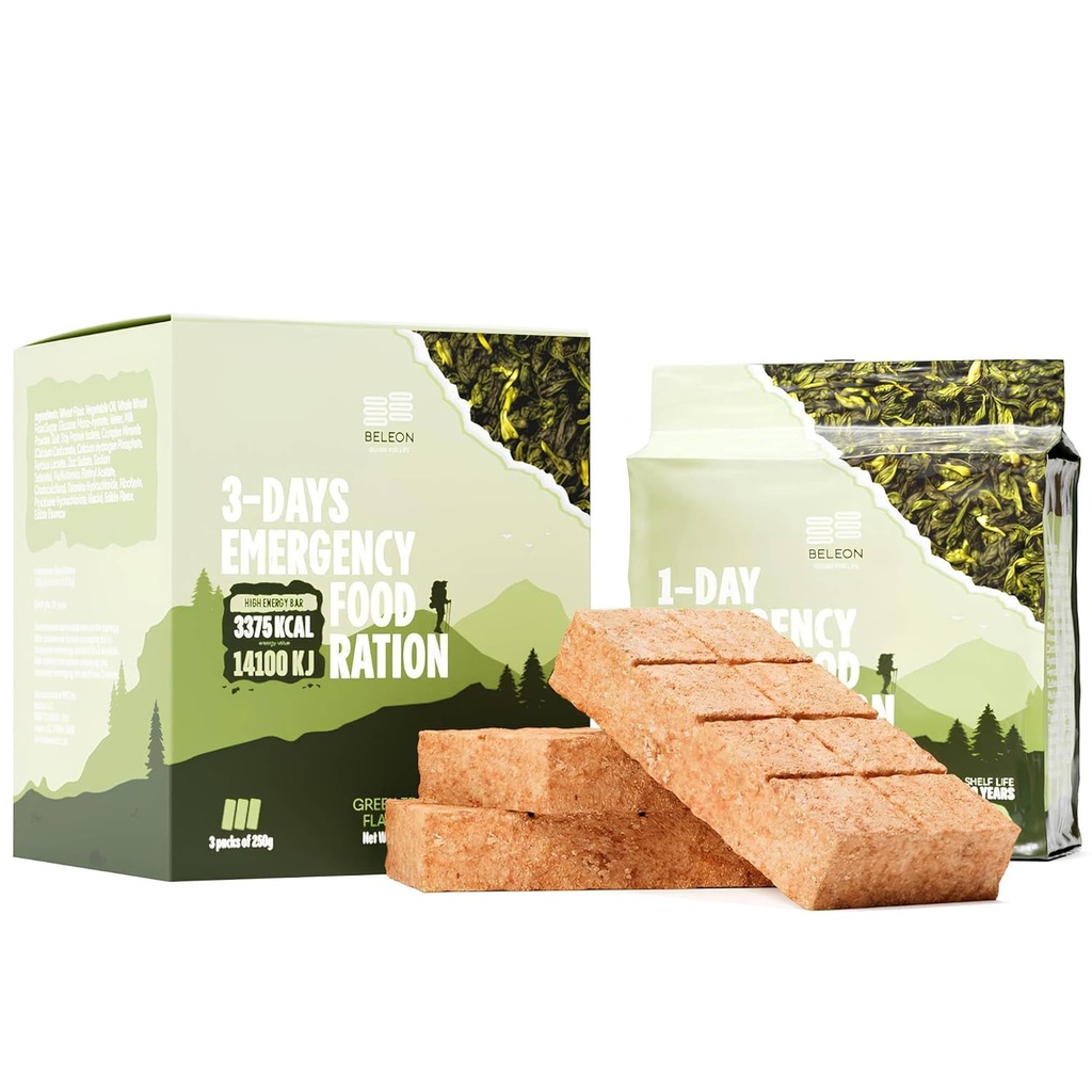 Groene thee noodvoedselvoorziening - 3 dagen 72 uur Biscuit Bars MREs Maaltijden Militaire 2024 Survival Kit - 20 jaar Houdbaarheid Camping Wandelbenodigdheden