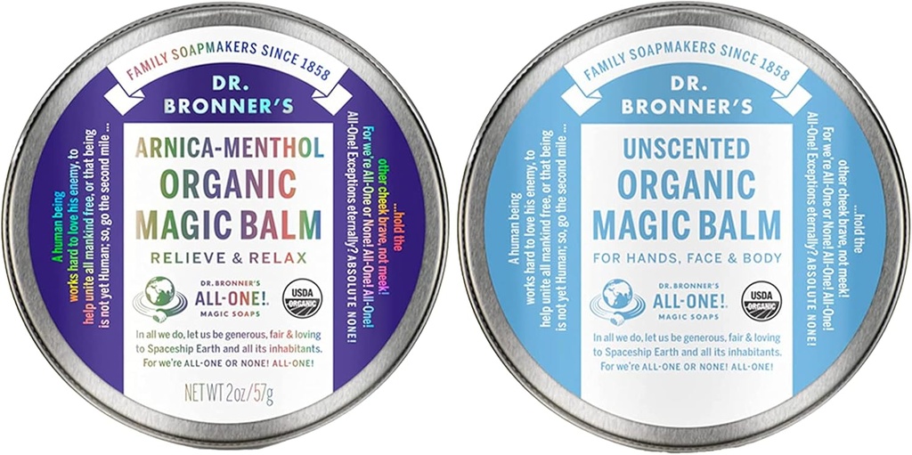 Dr. Bronner's - Biologische magische balsem (2 oz Variety Pack) Arnica-Menthol & Baby ongeparfumeerd - Gemaakt met biologische bijenwas & hennepolie, vochtrijke en kalmerende handen, gezicht & lichaam
