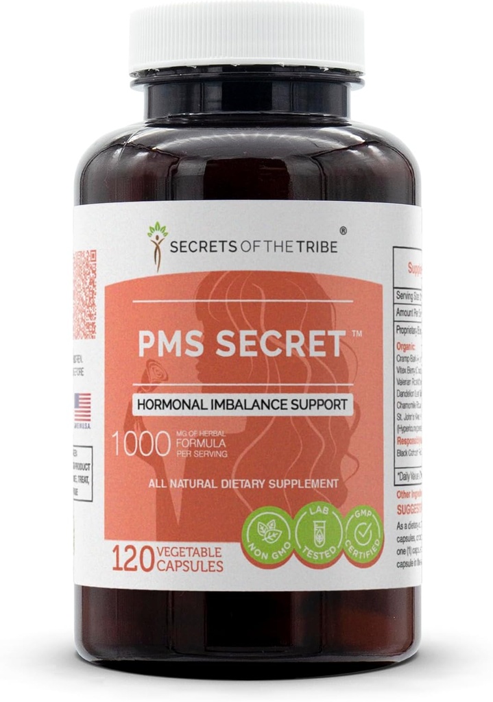PMS Secret 120 Capsules, 1000 mg, Black Cohosh, Cramp, Vitex, Valeriaan, Dandelion, Kamille, St. John's Wort. Hormonale onbalans ondersteuning (120 capsules)