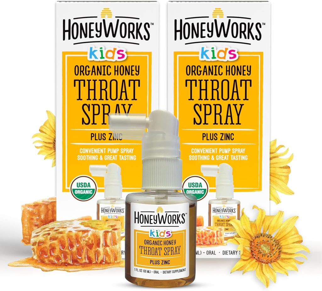 HoneyWorks Kids Throat Spray for Sore Throat Relief, 1 Oz (pack of 2) Verzachtende niet-GMO USDA Biologische Dark Honey + Zink, Snelwerkende Relief, 12 maanden +