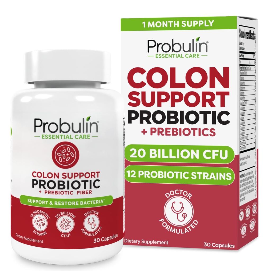 Probulin Colon Support Probiotic Supplement, Daily Gut, Digestief, en Immune Health Probiotica Capsules voor mannen en vrouwen, 20 miljard CFU, Vegan, 30 Telfles