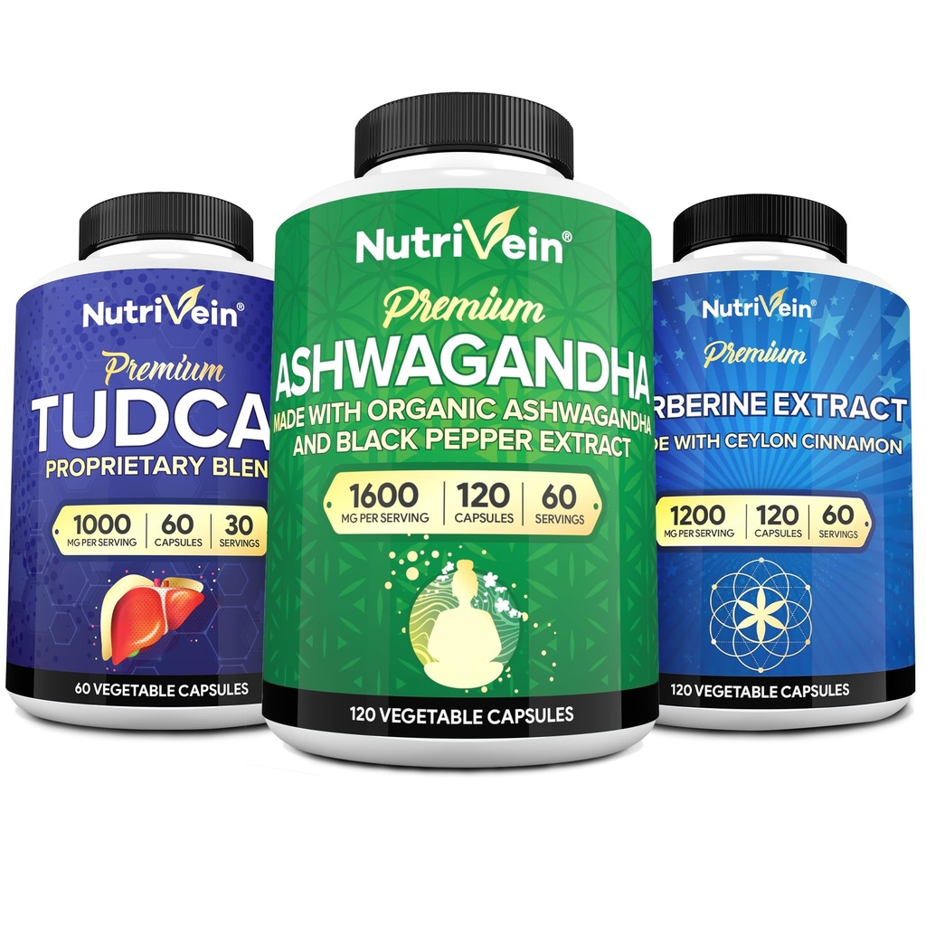 Nutrivein Premium TUDCA, Berberine Supplementen, en Ashwagandha Supplementen bundel: High-Absorptie Berberine Complex, Ashwagandha Root Extract, & TUDCA voor Detox, Vitality & Well-Being