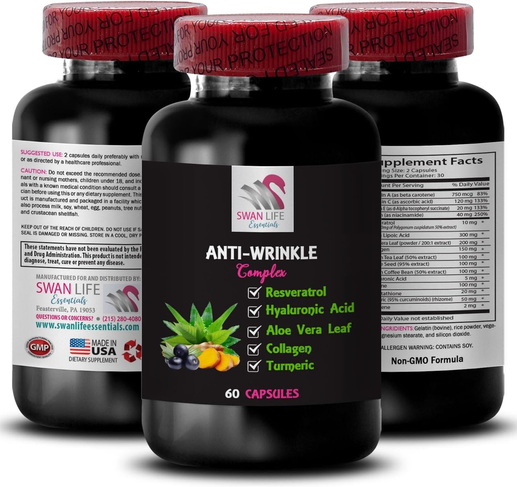 Aloe Vera Leaf - Complexe antirides - Turmeric Power, L-Glutathion Benefits, Resilience Booster, Collagen Boost, Apparence fraîche, Silken Touch, Youth Restorer, Action raffermissante 1 Bouteille 60 Capsules