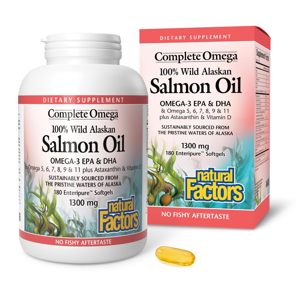 Complete Omega by Natural Factors, Wild Alaska Salmon Oil, ondersteunt Hart en Hersengezondheid met Omega-3 DHA en EPA, 180 softgels (180 porties)