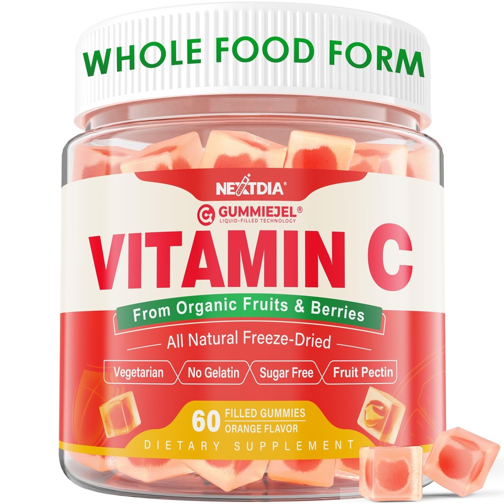 Biologische vitamine C Gummies 120mg voor volwassenen, suikervrij, dagelijkse immuniteitsverdediging, rauwe antioxidant, 100% hele voedsel kauwbare vitamine C supplement van 1200mg bessen en vruchten voor collageen, veganistan, 60 Tellingen