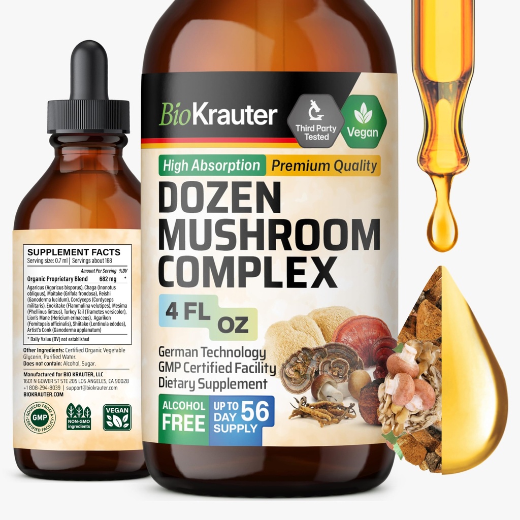 BIO KRAUTER Dozen Mushroom Tecture - Immune Support Supplément gouttes - Promote le soutien digestif et cognitif - Non-OGM, Formule de défense contre l'immunité liquide - 4 fl. oz bouteille
