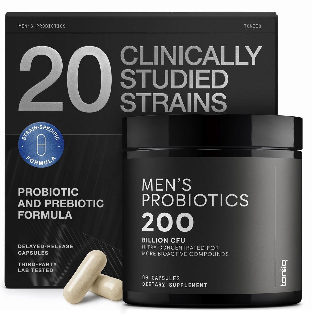 Toniiq Mens Probiotique avec 20 souches vérifiées – 200 Bilion CFU + 200 mg FOS Prébiotique – Probiotiques pour la santé des hommes - Cold-Chain & Release Retardé – Formule synbiotique testée en laboratoire