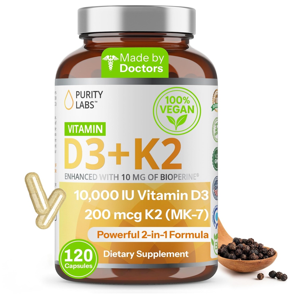 Zuiverheid Labs Vitamine D3 K2 10000 IE, (250mcg) D3 + 200mcg K2 MK7 - Immune Support Supplement Enhanced with Bioperine - Supplementen voor dagelijkse verdediging, bot, spier- en huidgezondheid - 120 capsules
