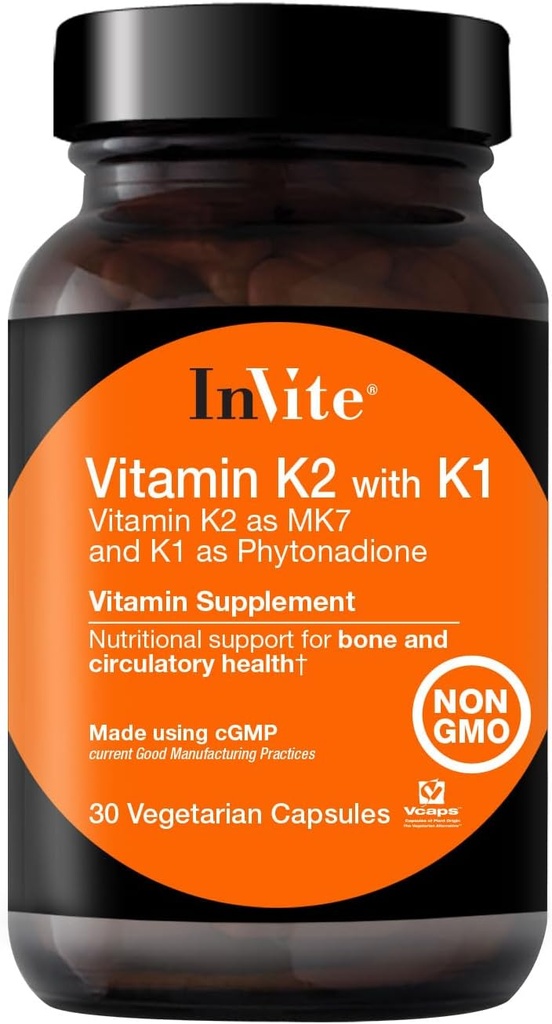Invite Health Vitamine K2 met K1 - Ondersteunt bot en Circulatory Health - Vitamine K2 als MK7 en K1 en Phytonadion - 30 Vegetarische Capsules (2-pack)