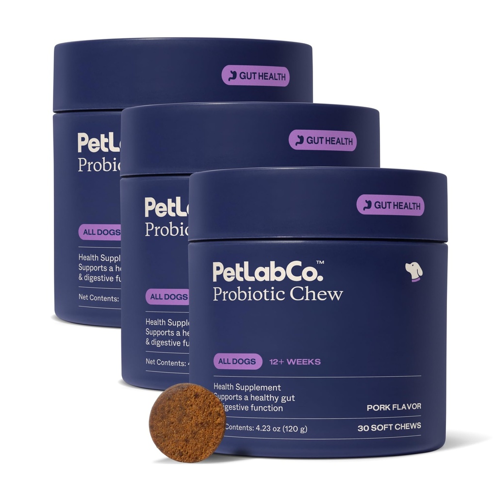 PetLab Co. Probiotica voor honden, Ondersteuning Gut Health, Occasional Diarree, Digestieve Gezondheid & seizoensgebonden Allergieën - Varkenssmaak - 30 Zachte Kauwen - Verpakking mei Vary (Value 3-Pack)