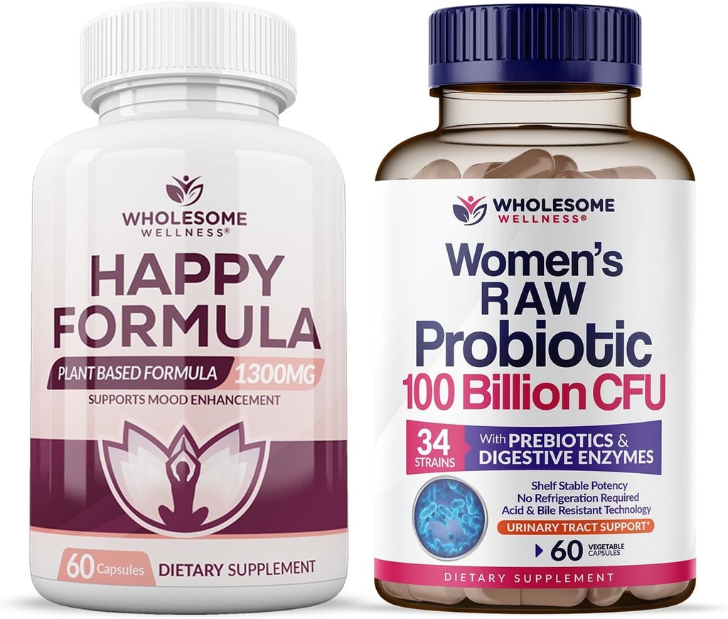 Wholesome Wellness Happy Formula Natural Formula Relief Supplement + Dr. Geformuleerde Raw Probiotica voor vrouwen 100 miljard CFU Bundel