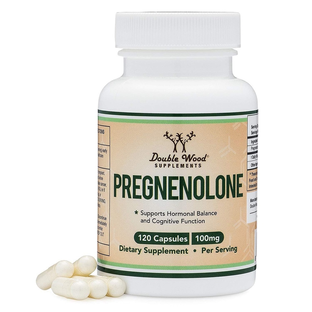 Pregnenolone 100mg par portion (converti en progestérone pour augmenter les niveaux de progestérone) - Testé par une tierce partie - 120 Capsules (50mg par gélule) Non-OGM par Double Wood