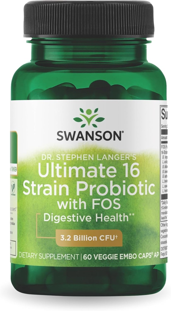 Swanson Dr. Stephen Langer's Formula - Natural Probiotic w/Prebiotic FOS - 16-Strain Supplement Promoting Digestive Support w/ 3,2 Miljard CFU per Capsule - (60 Veggie Capsules)