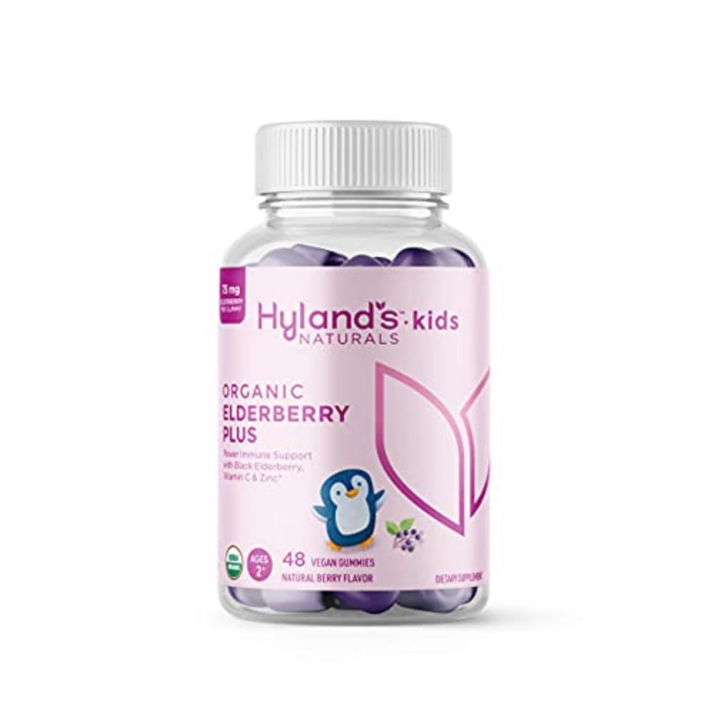 Hyland's Kids Biologische Vlierbes Plus Gummies, Biologische Zwarte Vlierbes met ZINC en Vitamine C, Immune Ondersteuning voor Kinderen, 48 Veganistische Gummies