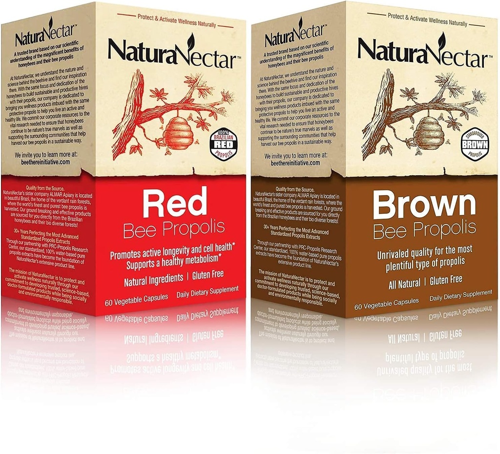 NaturaNectar Natural Bee Propolis Bundle - Red Propolis and Brown Propolis - for Immune Support, Respiratory Health and Health Metabolisme - 60 Capsules per fles