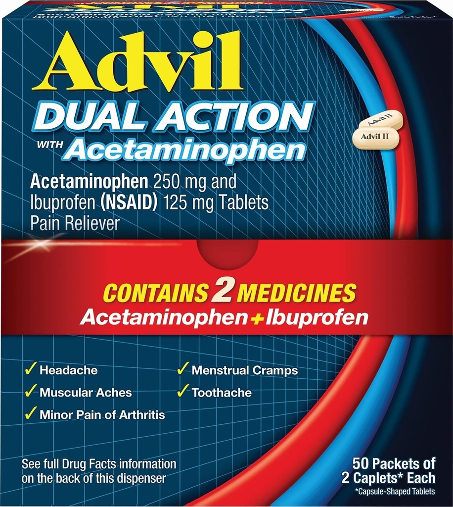 Caplets enduits à double action advil avec l'acétaminophène, 250 Mg d'Ibuprofène et 500 Mg d'acétaminophène par dose (2 équivalents de dose) pour 8 heures de soulagement de la douleur - 2 Compte x 50