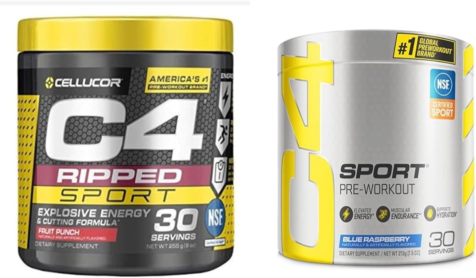 C4 Ripped Sport Pre Workout Poeder Fruit Punch - NSF gecertificeerd voor Sport + Suiker Gratis & C4 Sport Pre Workout Poeder Blauw Raspberry - Pre Workout Energie