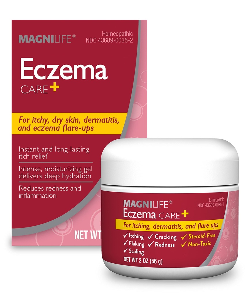 MagniLife Eczema Care+, vochtinbrengende Gel voor Itchy, droge huid, laatste verlichting voor dermatitis en eczeem Flare-Ups - natuurlijke ingrediënten Aloë, Calendula & Tea Tree Oil - Steroid-Free, Paraben-Free - 2 oz