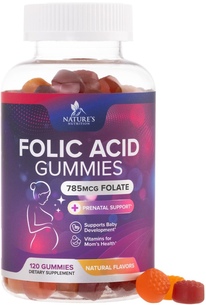 Foliumzuur Gummies voor vrouwen 785 mcg, essentiële prenatale vitamines voor mam & baby, Vegan Folic supplement Gummy, dagelijkse vitamine B9 Extra sterkte Folaat, voordat tijdens de zwangerschap - 120 Gummies