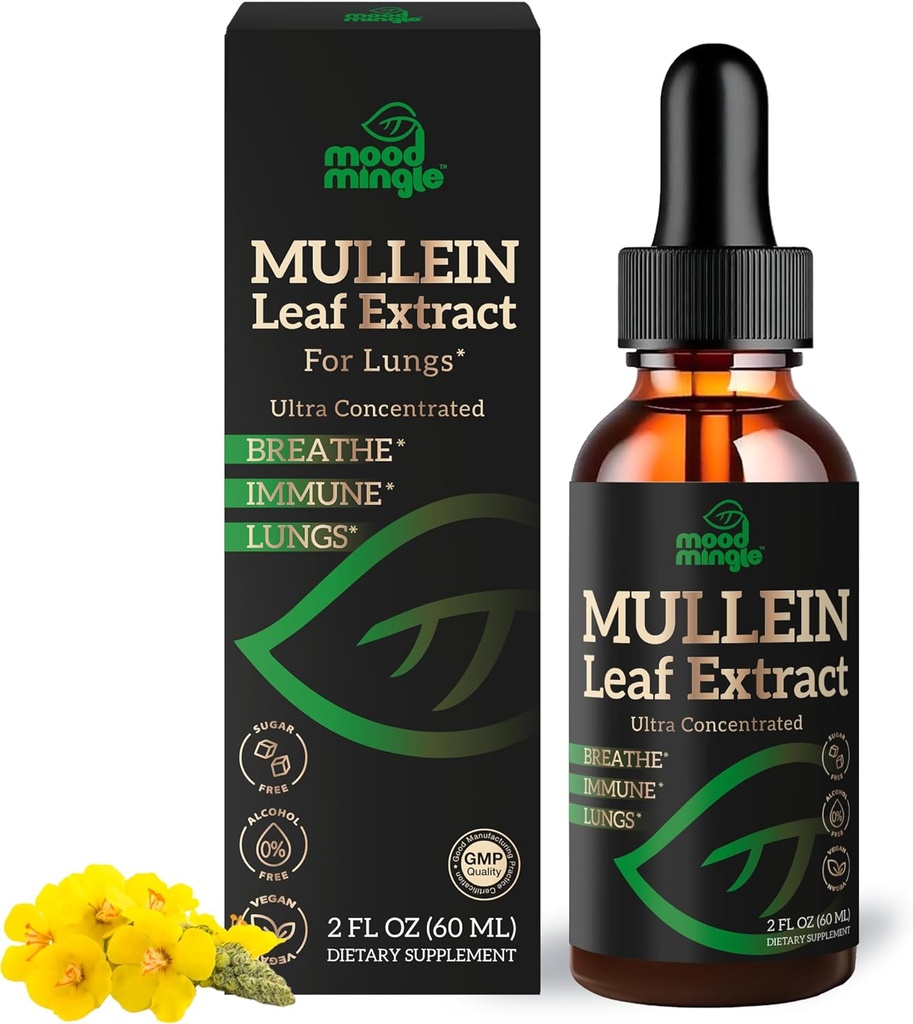 Extrait de feuille de Mullein pour les poumons - gouttes de Mullein pour le soutien respiratoire de la santé Lung Detox Cleanse - Vegan sans sucre sans gluten - Supplément liquide pour hommes femmes 2fl. oz (60ml) (1 Pack)