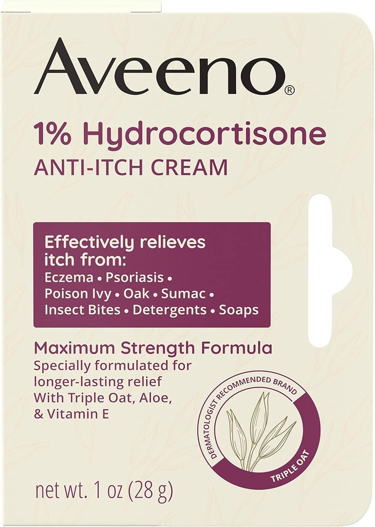 Aveeno maximale sterkte 1% Hydrocortison Anti-Itch Cream, Triple Haat, Aloë & Vitamin E voor jeuk Verlichting van eczeem, psoriasis, Insect Bites, Poison Ivy, Oak & Sumac & Detergents, 1 oz