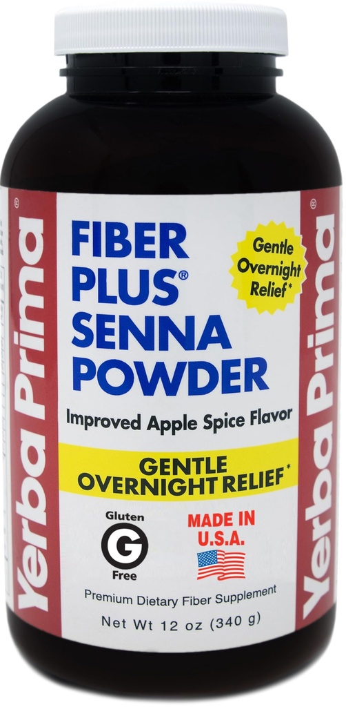 Yerba Prima Fiber Plus Senna Powder, 12 oz (paquet de 1) - Arôme d'épice de pomme, Gentle Overnight Relief, États-Unis Fabriqué, non-OGM, Stevia sucré, utilisation à court terme pour rétablir la régularité