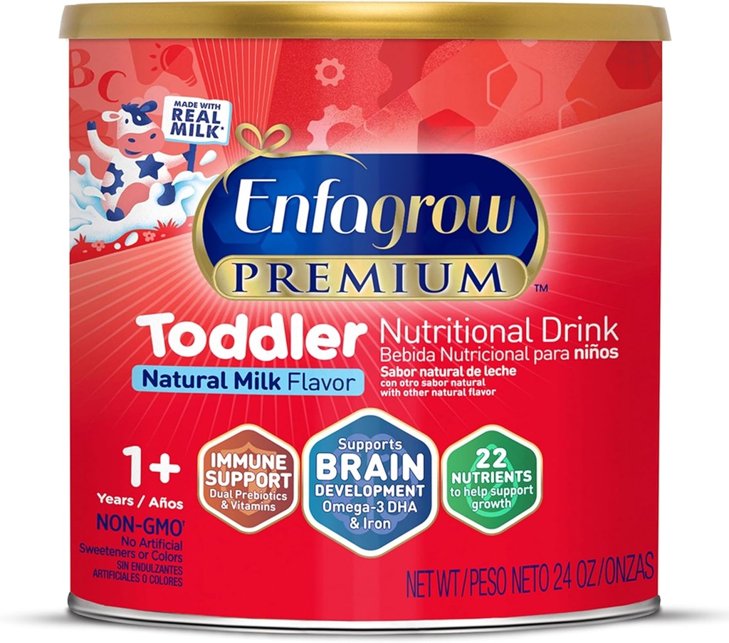 Enfagrow PREMIUM Peuter Voedingsdrank, Gemaakt met echte melk, Hersenbouwende Omega-3 DHA, Nutriënten en Prebiotica voor Groei & Immune Support, Non-GMO, Peuter Melkpoeder, 24 Oz Can