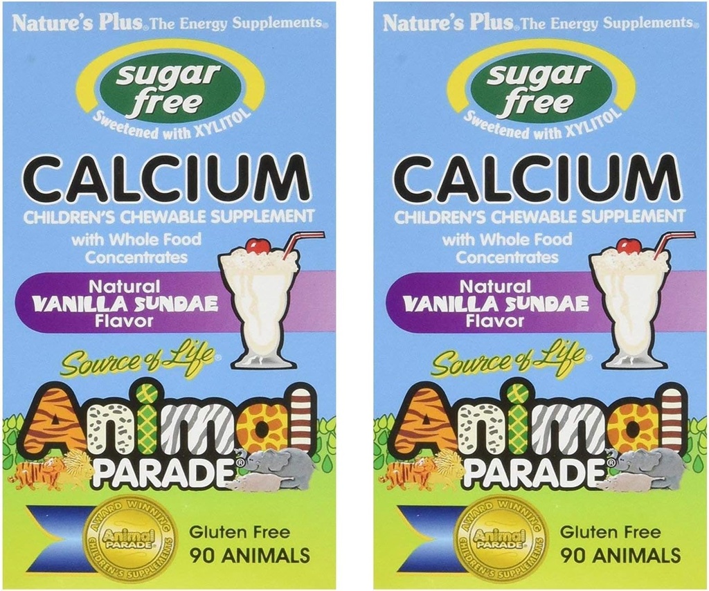 NaturesPlus Parade animale Calcium sans sucre pour enfants, Vanilla Sundae Flavor - 90 comprimés en forme d'animal à croquer, boîte de 2 - Magnésium pour la santé des os - Sans gluten - 90 portions
