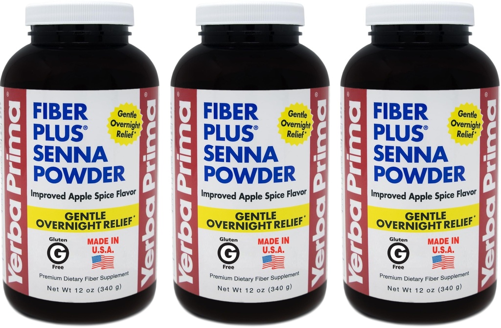 Yerba Prima Fiber Plus Senna Powder, 12 Ounce (pakket van 3) - voor korte termijn gebruik om de regelmaat te herstellen, Verbeterde Apple Spice Flavor, Stevia Gezoet, Biedt zacht nachtelijke verlichting, Non-GMO