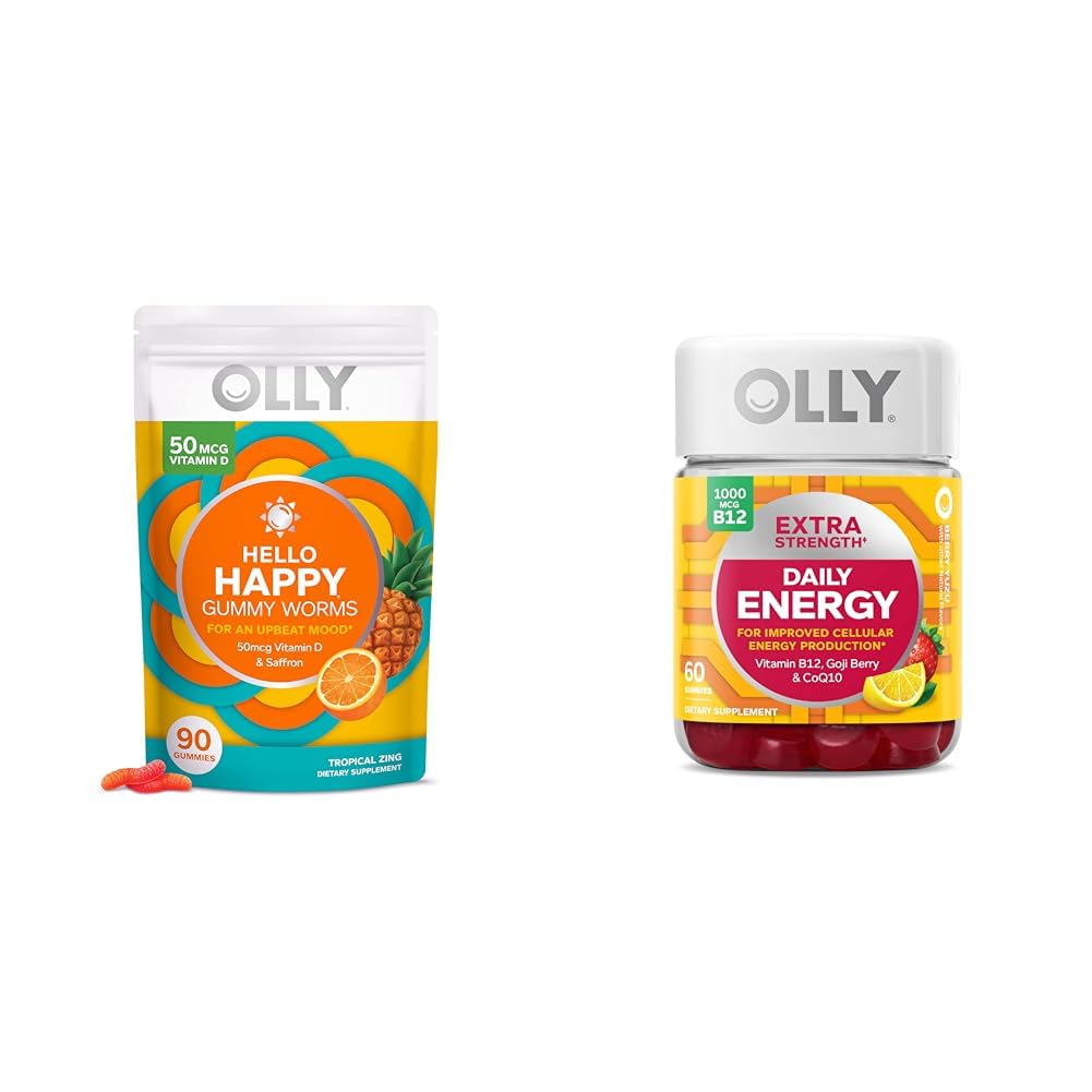 Hello Hello Happy Gummy Worms, Soutien de l'équilibre de l'humeur, Vitamine D, Safran, Supplément à croquer pour adultes et énergie quotidienne supplémentaire Gummy, Sans caféine, 1000mcg Vitamine B12, CoQ10, Goji Berry