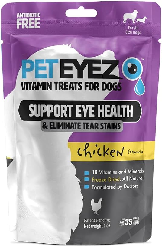PetEyez Tear Stain Remover Vitamin Treats for Dogs - Support Eye Health & Reduce Itching & Tear Stain Buildup - 100% Natural Dog Treats w/Superfoods, Antioxidants & Nutrients - Chicken Flavor - 1oz