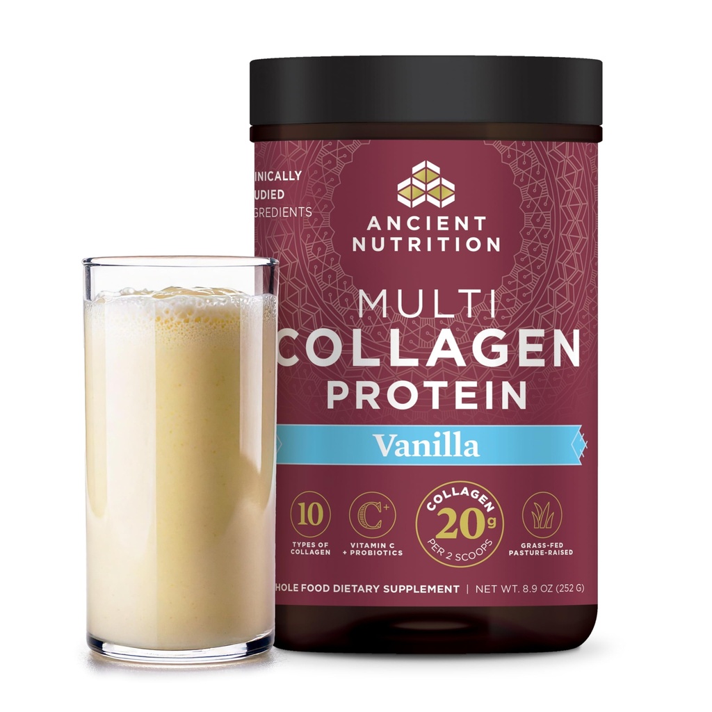 Oude Voeding Collageen Peptides Powder, Multi Collageen Proteïne, Vrouwen & Mannen, Vitamine C, Probiotica, Gehydrolyseerde Collageen, Ondersteunt huid, gewrichten, Gut Health, Vanille, 24 Servers