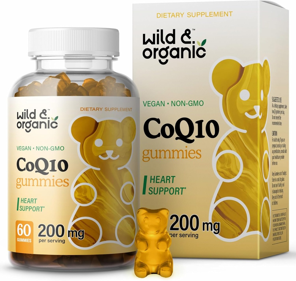 Wild & Organic CoQ10 Gummies - Vegan CoQ10 200mg Antioxidant Supplement met Ubichinon - Natural Energy and Focus Gummies with Coenzyme Q10-60 Non-GMO Pectin Chewables