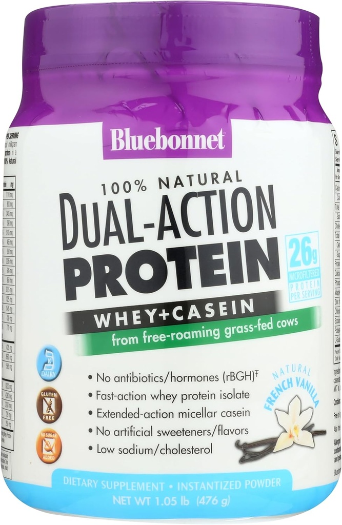 Bluebonnet Nutrition Dual-Action Protein Powder, Wei van gras Fed Cows, Geen suiker toegevoegd, Niet GGO, Gluten & Soy Free, Kosher Dairy, Franse Vanille smaak, Off-white, 16,8 Oz
