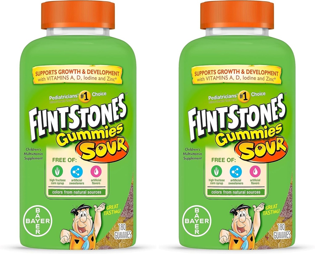 Flintstones Zure Gummies Kids Vitaminen, Gummy Multivitamine voor kinderen met vitamine A, B6, B12, C, D & more, 180ct (verpakking van 2)