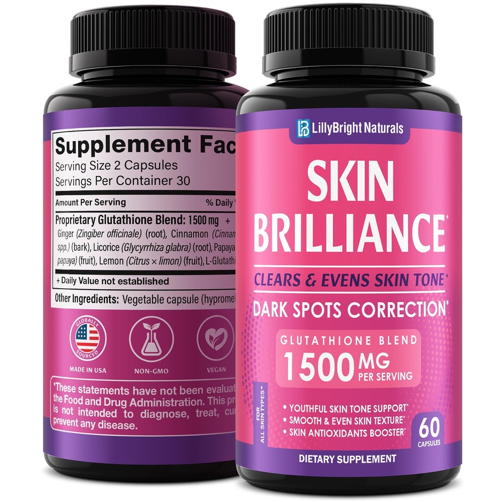 Glutathion Capsules - Supplément L-Glutathion de 1 500 mcg avec vitamine C - Enhancer tonique de la peau - Cibles taches foncées et marques d'acné - Antioxydant potent - 60 pilules cutanées