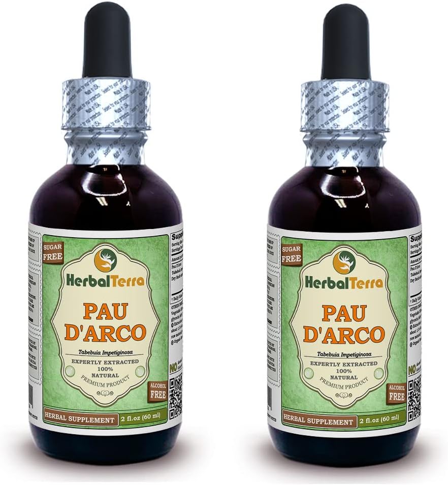 PAU d'arco (Tabebuia Impetiginosa) Glyceriet, gedroogd Bark Alcoholvrij Liquid Extract (Grote naam: HerbalTerra, Trots Made in USA) 2x2 fl.oz (2x60 ml)